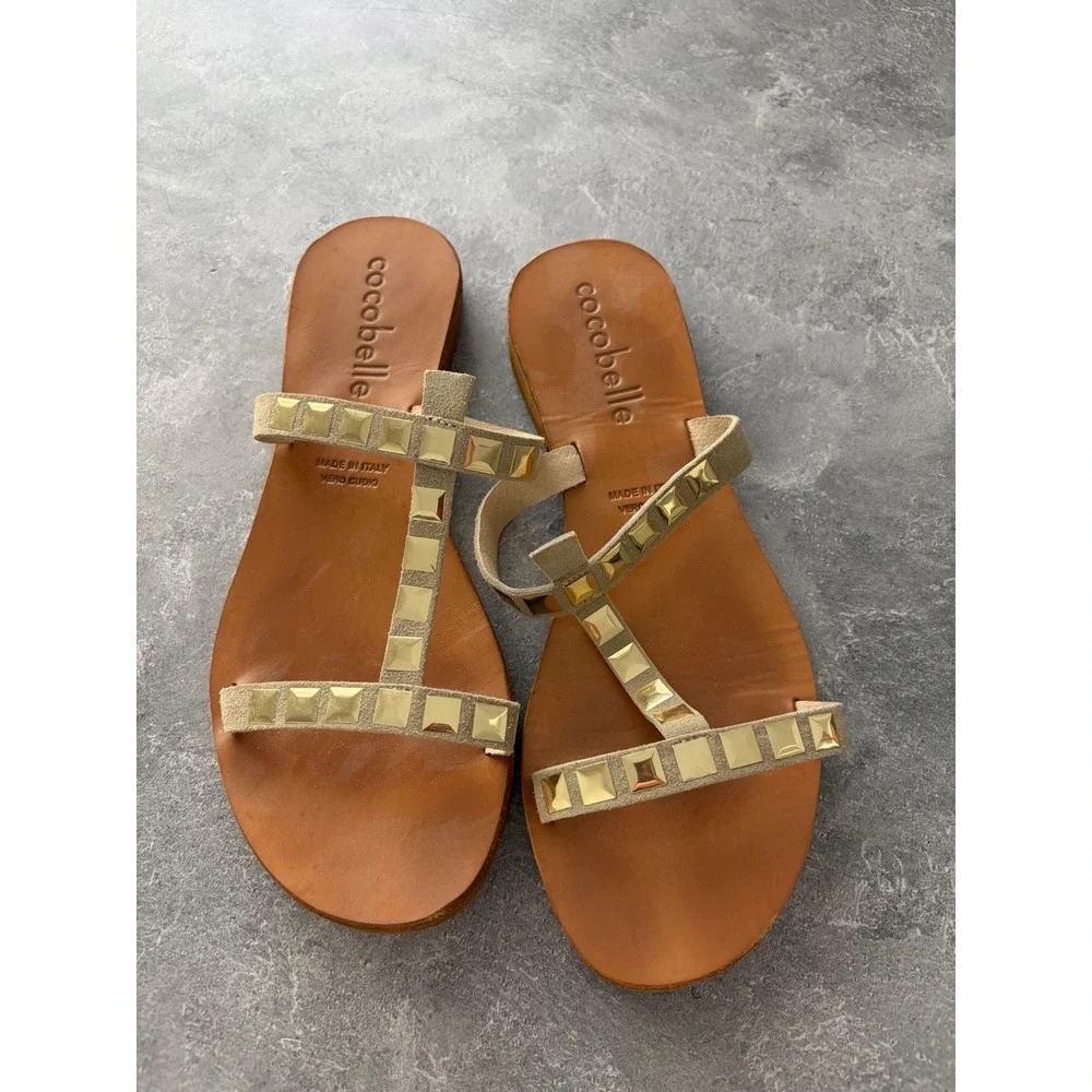 Cocobelle Womens Gold Studded T-Strap Leather Flat Sandals Made in Italy Tan 8.5